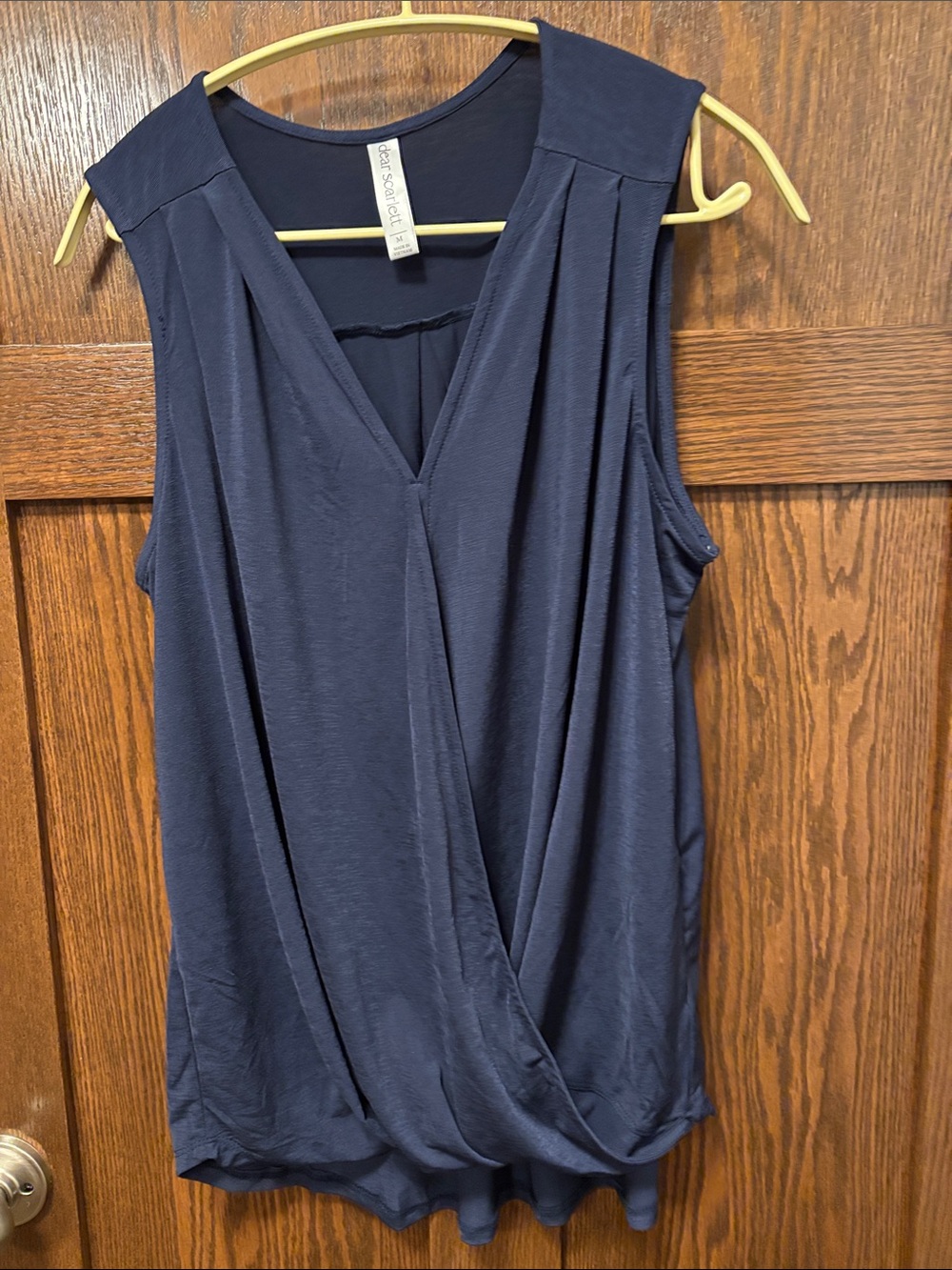 Dear Scarlett Navy Faux-Wrap Sleeveless Top. Medium